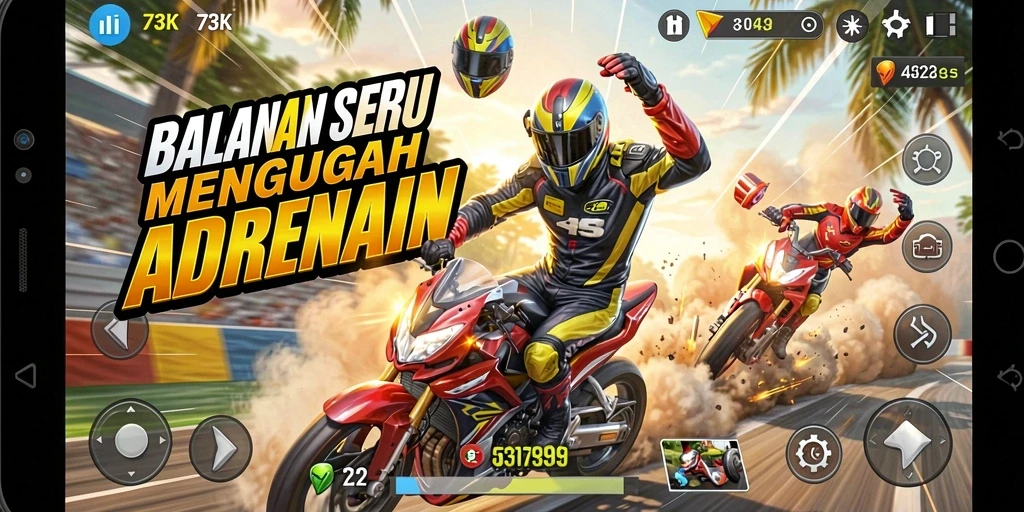Screenshot 73K menampilkan aksi balapan seru di lintasan.