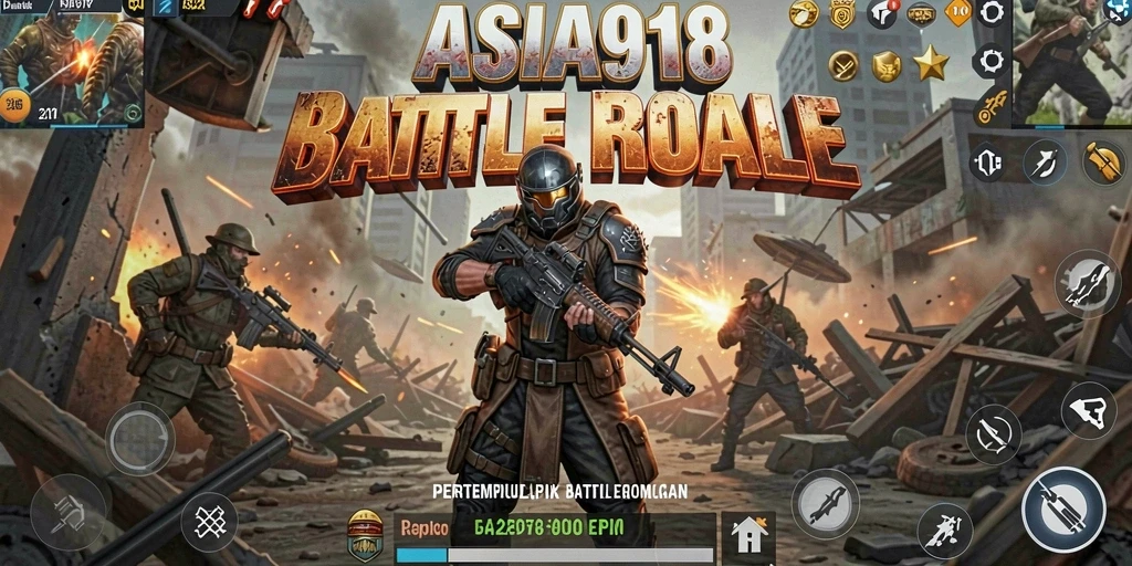Screenshot utama ASIA918 menampilkan aksi pertempuran yang intens dalam Battle Royale.