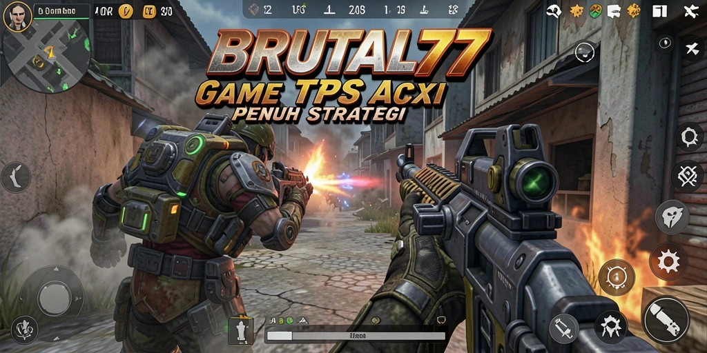Tampilan gameplay mendebarkan di BRUTAL77 saat bertempur dalam mode TPS.