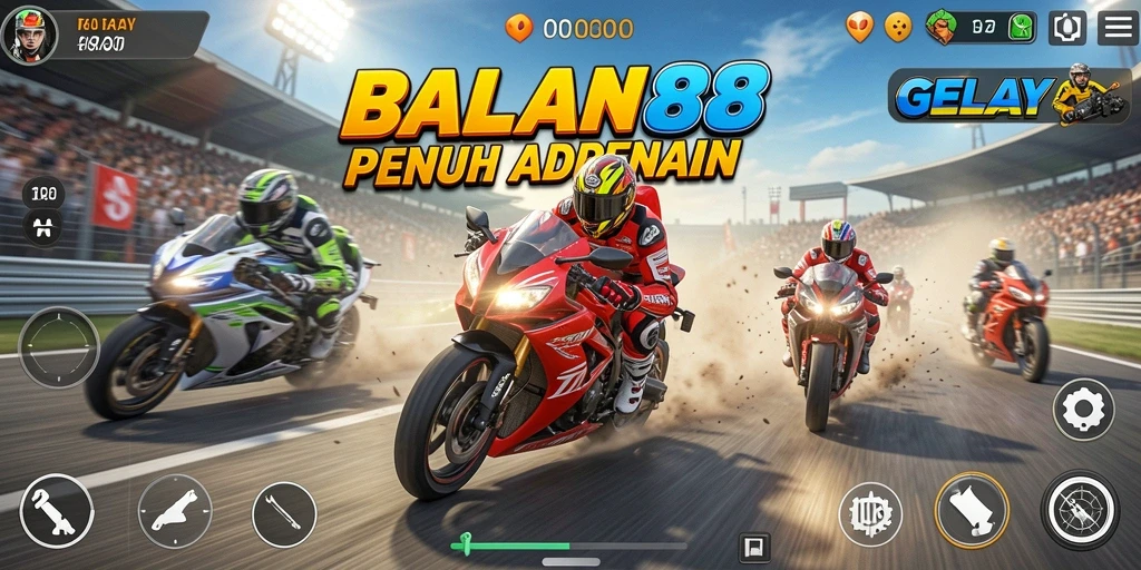 Tangkapan layar dari gameplay seru dalam GELAY88, menampilkan balapan motor yang mendebarkan.