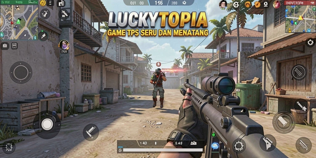 Screenshot gameplay LUCKYTOPIA dengan aksi seru di dunia TPS.