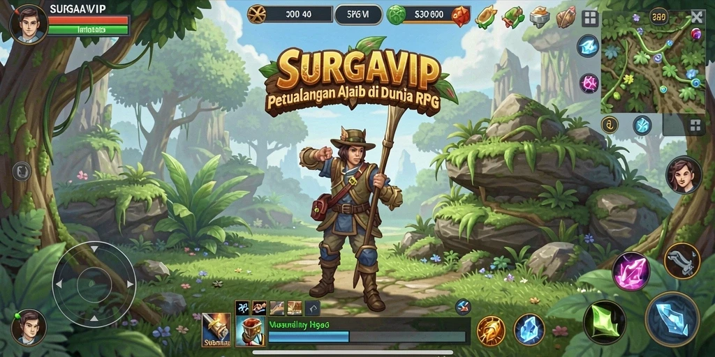 Screenshot utama SURGAVIP menampilkan aksi pertarungan seru di dunia RPG.